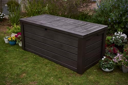 Keter Westwood 150 Gallon Plastic Backyard Outdoor Storage Deck Box for Patio Decor, Furniture Cushions, Garden Tools, and Pool Accessories, Espresso