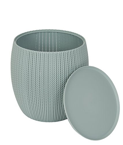 Keter Urban Knit Pouf Ottoman Set of 2 with Storage Table for Patio and Room Décor - Perfect for Balcony, Deck, and Outdoor Seating, Misty Blue & Taupe