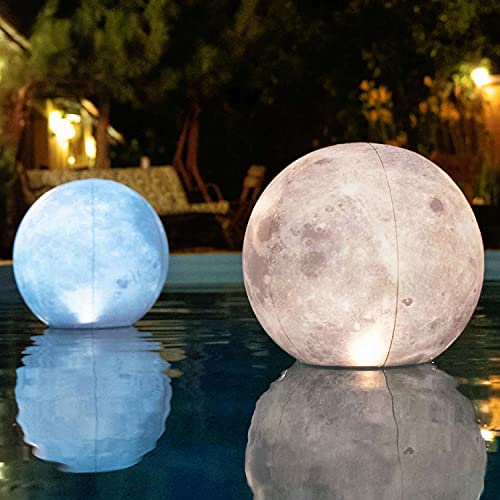 TIALLY Full Moon Floating Pool Lights Solar Powered - 14" Inflatable Solar Pool Lights That Float - Waterproof Light up Pool Floats for Pool Party Decorations - Pool Gifts for Pool Owners (2 Pack)
