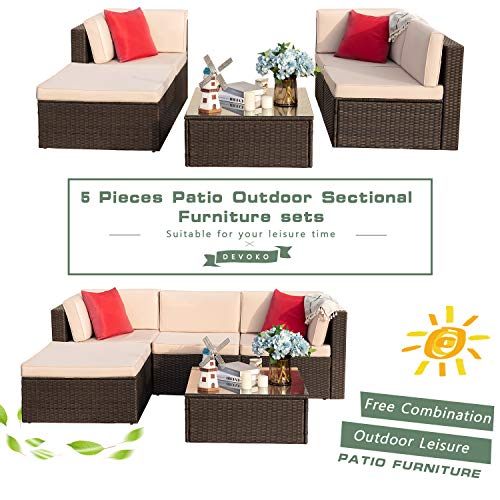 Devoko 5 Pieces Patio Furniture Sets All Weather Outdoor Sectional Sofa Manual Weaving Wicker Rattan Patio Conversation Set with Cushion and Glass Table (Beige)