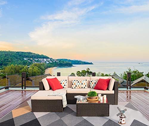 Devoko 5 Pieces Patio Furniture Sets All Weather Outdoor Sectional Sofa Manual Weaving Wicker Rattan Patio Conversation Set with Cushion and Glass Table (Beige)
