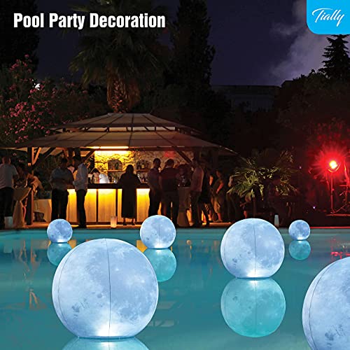 TIALLY Full Moon Floating Pool Lights Solar Powered - 14" Inflatable Solar Pool Lights That Float - Waterproof Light up Pool Floats for Pool Party Decorations - Pool Gifts for Pool Owners (2 Pack)
