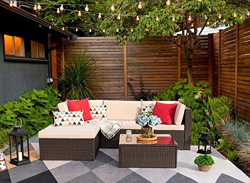 Devoko 5 Pieces Patio Furniture Sets All Weather Outdoor Sectional Sofa Manual Weaving Wicker Rattan Patio Conversation Set with Cushion and Glass Table (Beige)