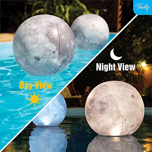TIALLY Full Moon Floating Pool Lights Solar Powered - 14" Inflatable Solar Pool Lights That Float - Waterproof Light up Pool Floats for Pool Party Decorations - Pool Gifts for Pool Owners (2 Pack)