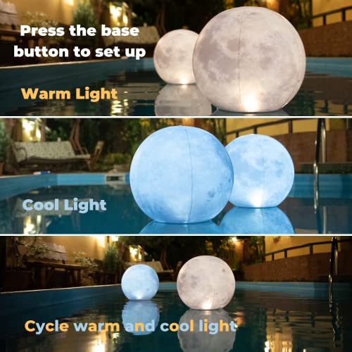 TIALLY Full Moon Floating Pool Lights Solar Powered - 14" Inflatable Solar Pool Lights That Float - Waterproof Light up Pool Floats for Pool Party Decorations - Pool Gifts for Pool Owners (2 Pack)