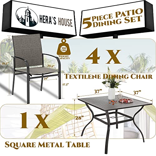 HERA'S HOUSE 5 Pieces Patio Dining Set, Outdoor Table and Chairs Set for 4, 4 x Grey Testilene Dining Chair, 37" Square Metal Dining Table, for Lawn Garden Backyard Deck
