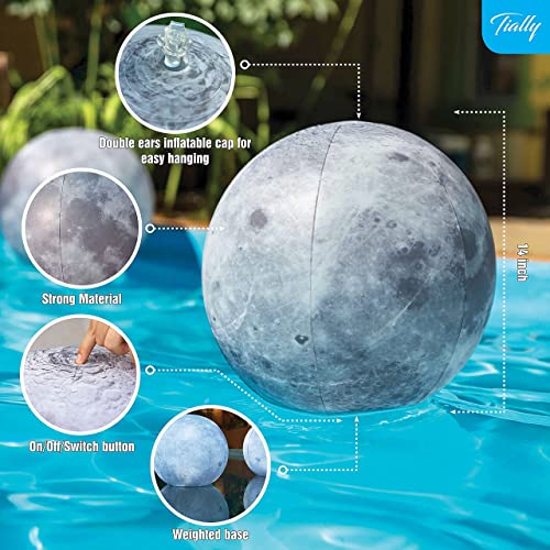 TIALLY Full Moon Floating Pool Lights Solar Powered - 14" Inflatable Solar Pool Lights That Float - Waterproof Light up Pool Floats for Pool Party Decorations - Pool Gifts for Pool Owners (2 Pack)
