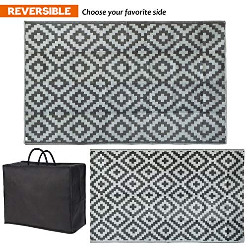 SAND MINE Reversible Mats, Plastic Straw Rug, Modern Area Rug, Large Floor Mat and Rug for Outdoors, RV, Patio, Backyard, Deck, Picnic, Beach, Trailer, Camping (5' x 8', Black Grey Lattice)