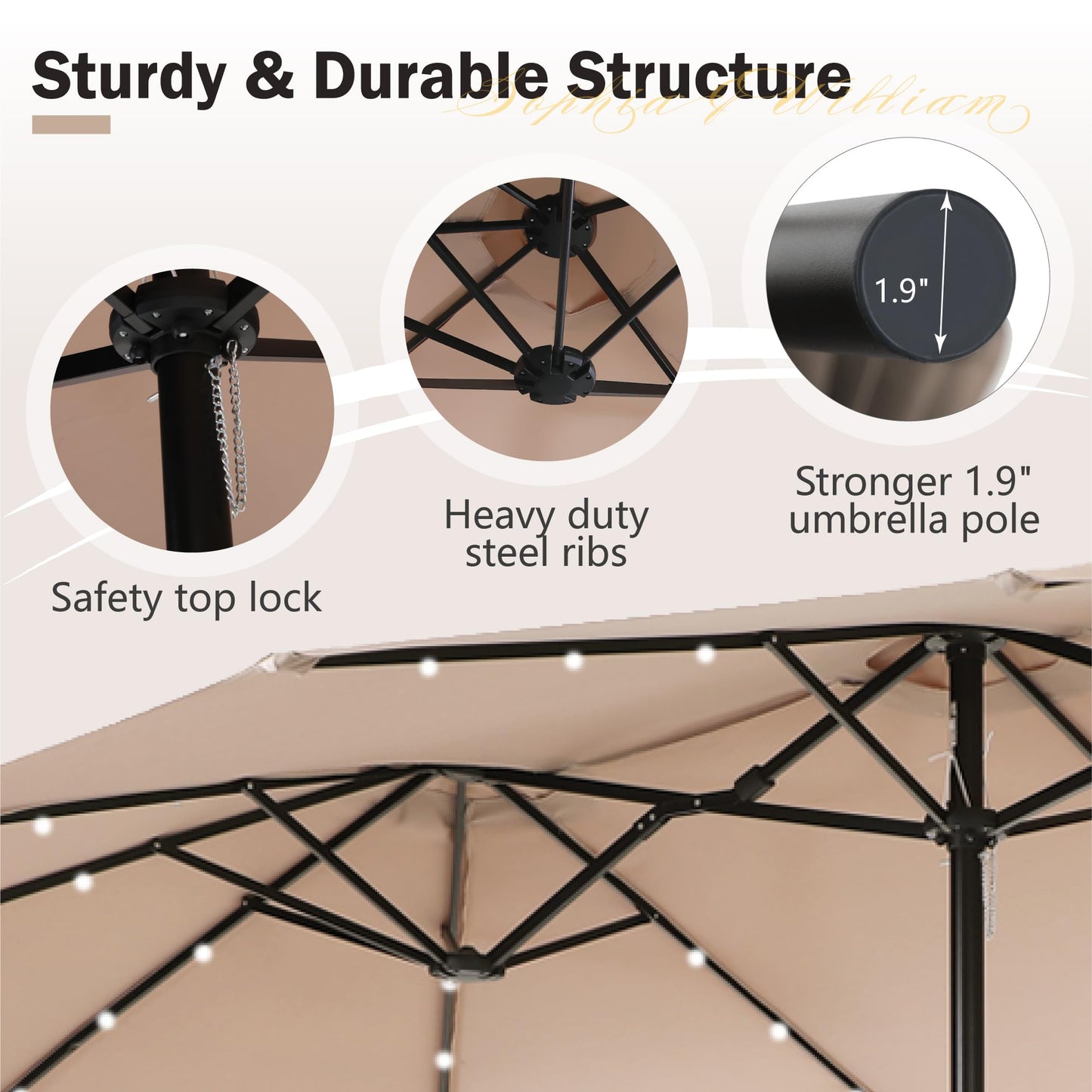Sophia & William 15 ft Extra Large Patio Umbrella with Solar Lights, Rectangular Outdoor Umbrella with Base Included, Market Umbrella Double-sided Heavy Duty for Pool Garden Backyard, Beige