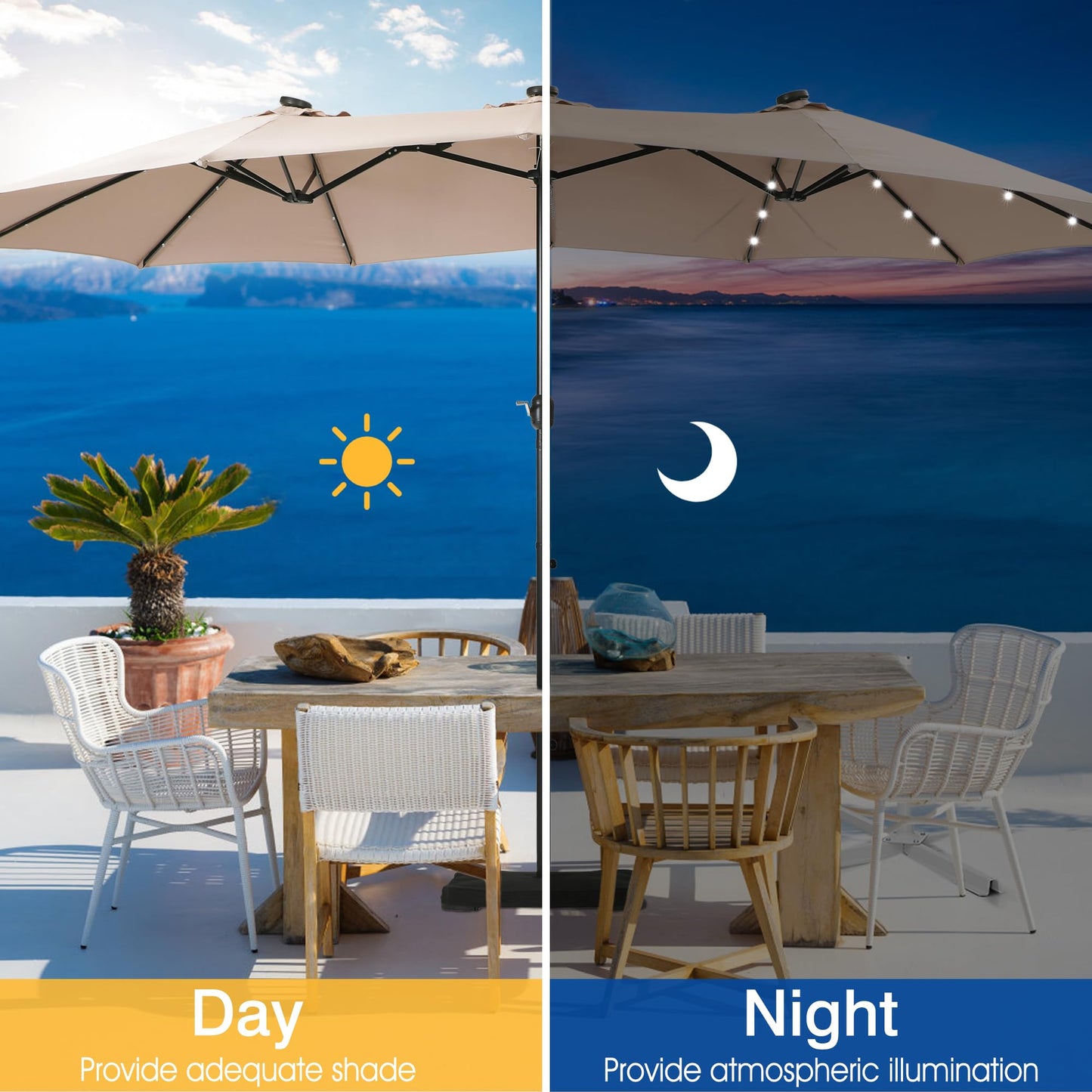 Sophia & William 15 ft Extra Large Patio Umbrella with Solar Lights, Rectangular Outdoor Umbrella with Base Included, Market Umbrella Double-sided Heavy Duty for Pool Garden Backyard, Beige