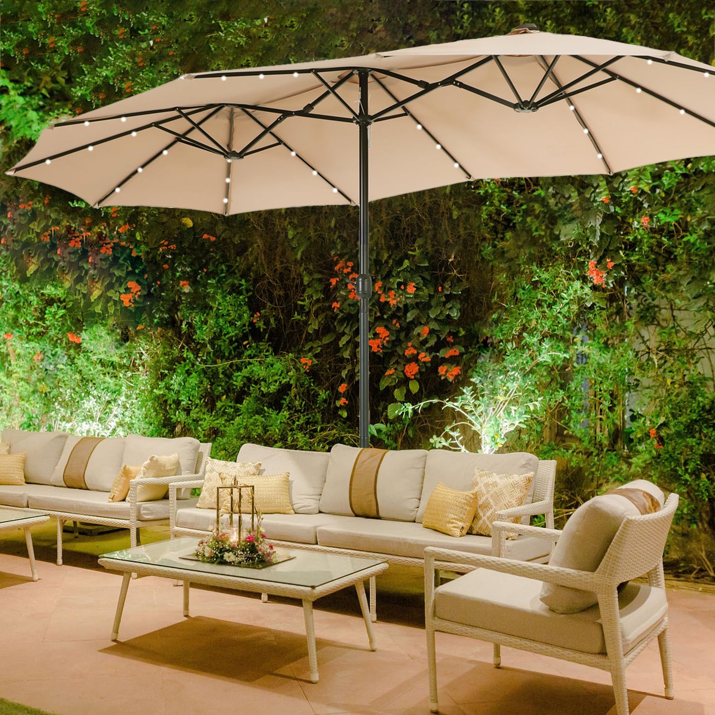 Sophia & William 15 ft Extra Large Patio Umbrella with Solar Lights, Rectangular Outdoor Umbrella with Base Included, Market Umbrella Double-sided Heavy Duty for Pool Garden Backyard, Beige