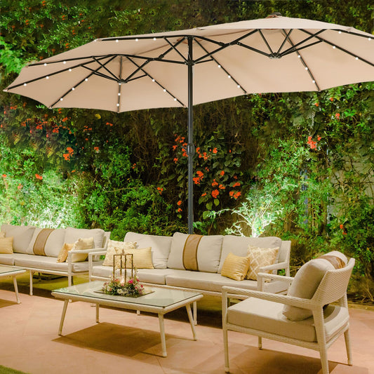 Sophia & William 15 ft Extra Large Patio Umbrella with Solar Lights, Rectangular Outdoor Umbrella with Base Included, Market Umbrella Double-sided Heavy Duty for Pool Garden Backyard, Beige