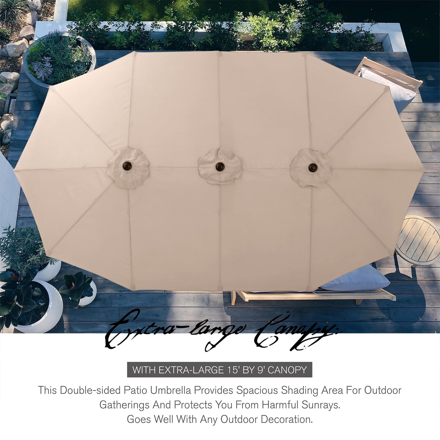 Sophia & William 15 ft Extra Large Patio Umbrella with Solar Lights, Rectangular Outdoor Umbrella with Base Included, Market Umbrella Double-sided Heavy Duty for Pool Garden Backyard, Beige