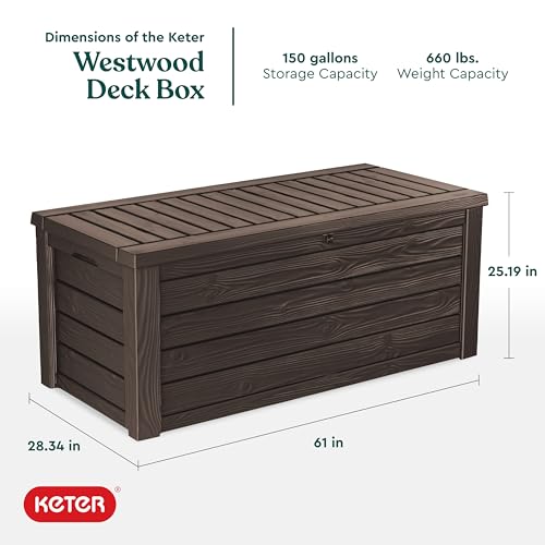 Keter Westwood 150 Gallon Plastic Backyard Outdoor Storage Deck Box for Patio Decor, Furniture Cushions, Garden Tools, and Pool Accessories, Espresso