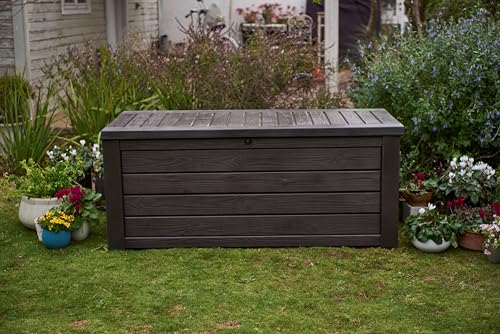 Keter Westwood 150 Gallon Plastic Backyard Outdoor Storage Deck Box for Patio Decor, Furniture Cushions, Garden Tools, and Pool Accessories, Espresso