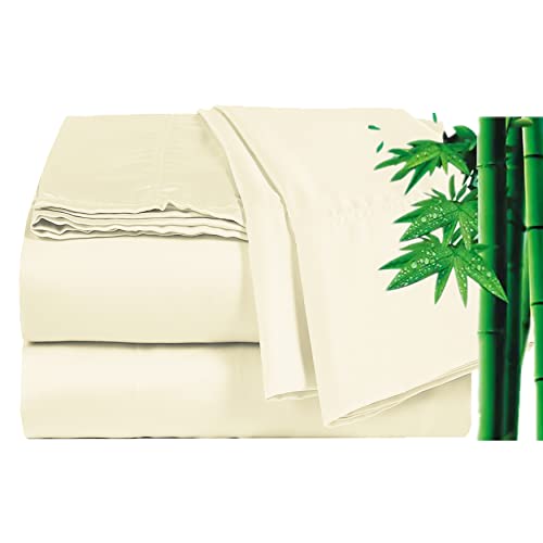 ELINEN Bamboo Viscose Sheet Set - Queen Size, 4 Piece Set with Deep Pockets up to 18 Inches - Luxuriously Soft, Cooling, and Silky Sateen Weave - Ivory (Queen)