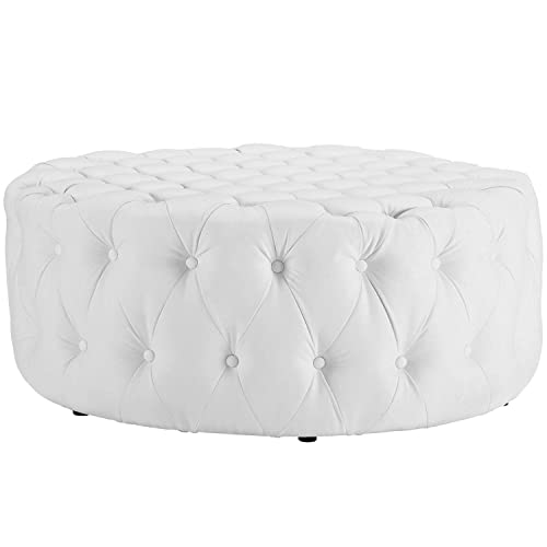 Modway Amour Faux Leather Button-Tufted Round Ottoman in White