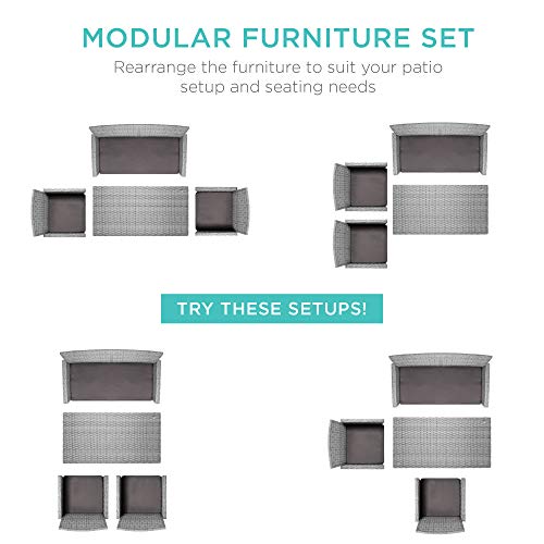 Best Choice Products 4-Piece Wicker Patio Conversation Furniture Set w/ 4 Seats, Tempered Glass Table Top - Gray Wicker/Gray Cushions