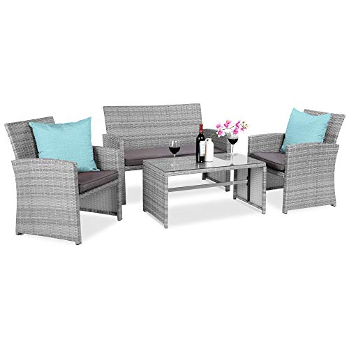 Best Choice Products 4-Piece Wicker Patio Conversation Furniture Set w/ 4 Seats, Tempered Glass Table Top - Gray Wicker/Gray Cushions