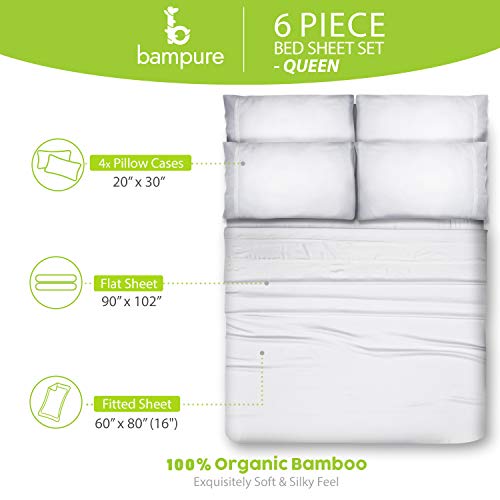 BAMPURE 100% Organic Certified Bamboo Sheets Queen - 6 Piece Set - Superior Soft & Cooling Sheets - Up to 16’’ Deep Pocket - Luxury Series 1 Flat Sheet, 1 Fitted Sheet, 4 Pillowcases (Queen White)