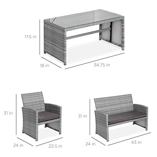 Best Choice Products 4-Piece Wicker Patio Conversation Furniture Set w/ 4 Seats, Tempered Glass Table Top - Gray Wicker/Gray Cushions