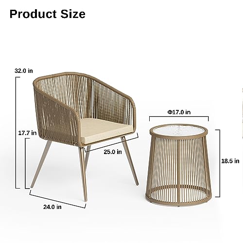 EAST OAK Breezeway Patio Furniture Set, 3-Piece Outside Bistro Set Handwoven Rattan Wicker Chairs with Waterproof Cushions, Tempered Glass Table, Outdoor Conversation Set for Porch, Coffee & Beige