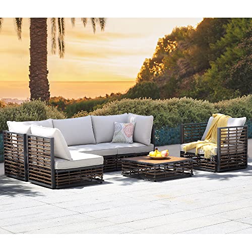 ESSENTIAL LOUNGER 6 Pieces Sectional Outdoor Patio Furniture Set, Outdoor Modern Rattan Conversation Set with Olefin Cushions and Coffee Table, Wicker Sofa with Umbrella Hole for Garden, Poolside