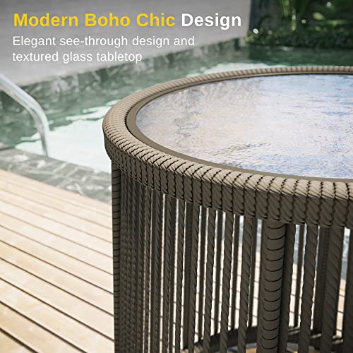 EAST OAK Breezeway Patio Furniture Set, 3-Piece Outside Bistro Set Handwoven Rattan Wicker Chairs with Waterproof Cushions, Tempered Glass Table, Outdoor Conversation Set for Porch, Coffee & Beige