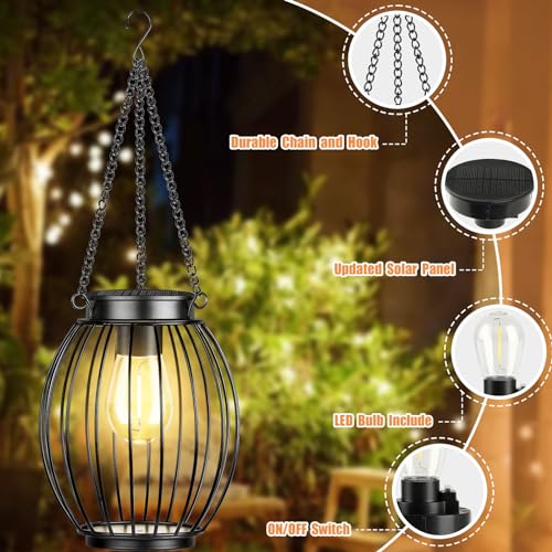 Solar Lantern, Solar Lights for Outside, Waterproof Outdoor Hanging Lanterns, Metal Solar Powered Tree Lights with Hook, Garden Christmas Decor Lighting for Patio Porch Pathway, Bulbs Include, 2 Pack