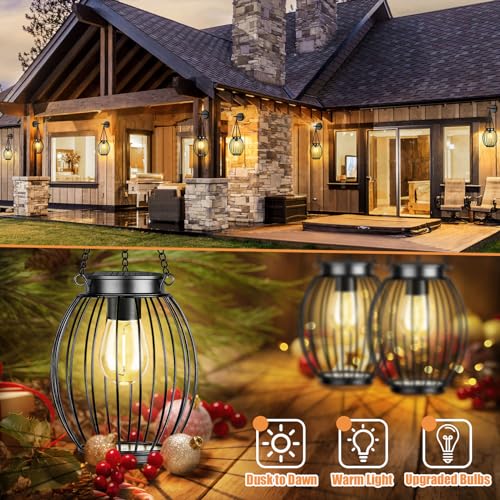 Solar Lantern, Solar Lights for Outside, Waterproof Outdoor Hanging Lanterns, Metal Solar Powered Tree Lights with Hook, Garden Christmas Decor Lighting for Patio Porch Pathway, Bulbs Include, 2 Pack