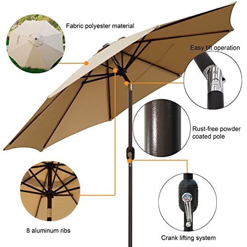 Blissun 9' Outdoor Market Patio Umbrella with Push Button Tilt and Crank, 8 Ribs (Tan)