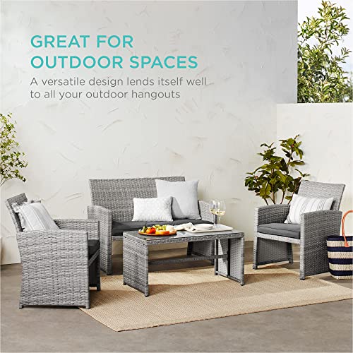 Best Choice Products 4-Piece Wicker Patio Conversation Furniture Set w/ 4 Seats, Tempered Glass Table Top - Gray Wicker/Gray Cushions