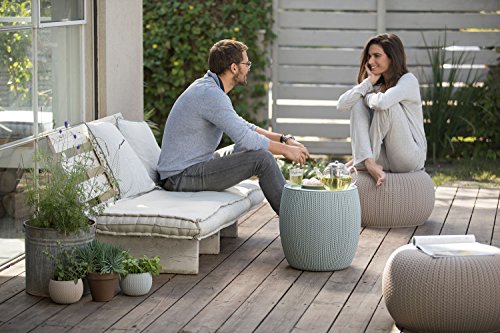 Keter Urban Knit Pouf Ottoman Set of 2 with Storage Table for Patio and Room Décor - Perfect for Balcony, Deck, and Outdoor Seating, Misty Blue & Taupe