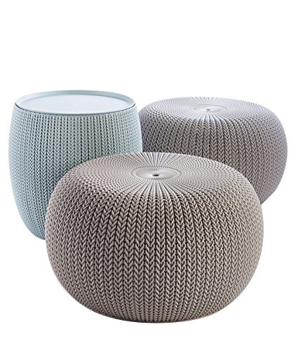 Keter Urban Knit Pouf Ottoman Set of 2 with Storage Table for Patio and Room Décor - Perfect for Balcony, Deck, and Outdoor Seating, Misty Blue & Taupe