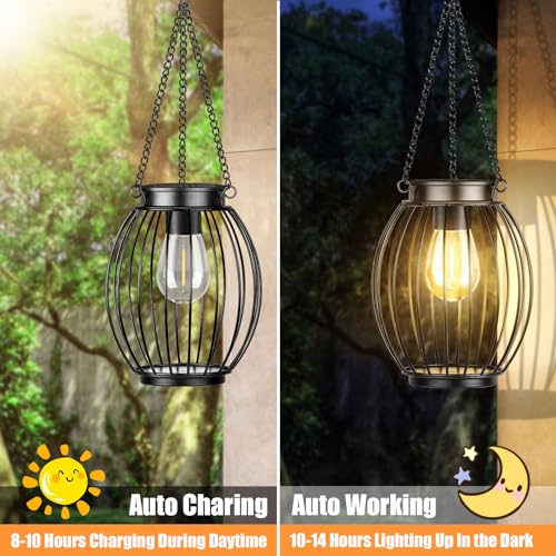 Solar Lantern, Solar Lights for Outside, Waterproof Outdoor Hanging Lanterns, Metal Solar Powered Tree Lights with Hook, Garden Christmas Decor Lighting for Patio Porch Pathway, Bulbs Include, 2 Pack