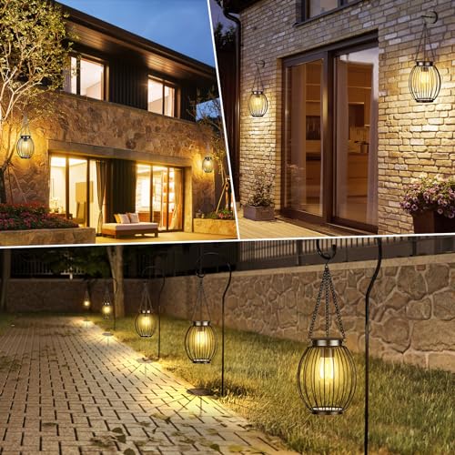 Solar Lantern, Solar Lights for Outside, Waterproof Outdoor Hanging Lanterns, Metal Solar Powered Tree Lights with Hook, Garden Christmas Decor Lighting for Patio Porch Pathway, Bulbs Include, 2 Pack