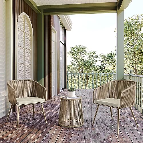EAST OAK Breezeway Patio Furniture Set, 3-Piece Outside Bistro Set Handwoven Rattan Wicker Chairs with Waterproof Cushions, Tempered Glass Table, Outdoor Conversation Set for Porch, Coffee & Beige