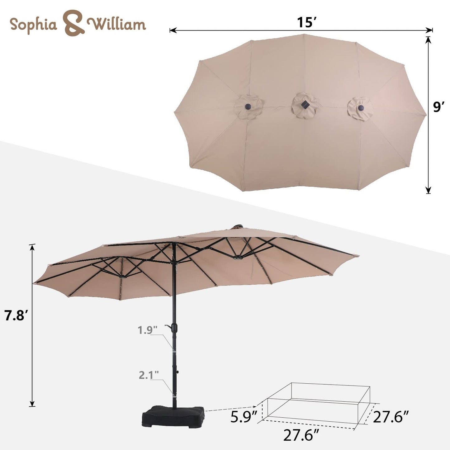 Sophia & William 15 ft Extra Large Patio Umbrella with Solar Lights, Rectangular Outdoor Umbrella with Base Included, Market Umbrella Double-sided Heavy Duty for Pool Garden Backyard, Beige