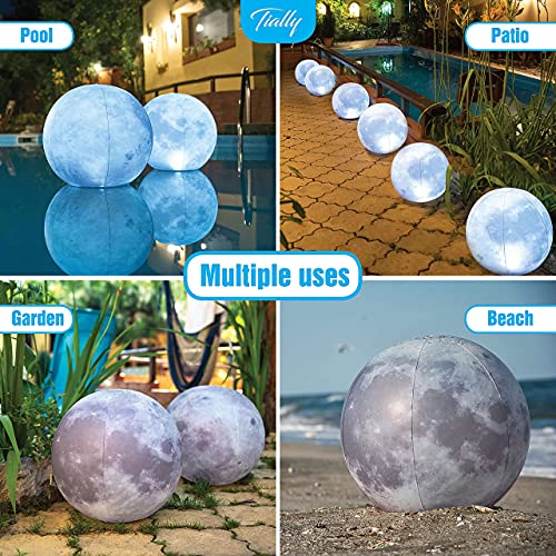 TIALLY Full Moon Floating Pool Lights Solar Powered - 14" Inflatable Solar Pool Lights That Float - Waterproof Light up Pool Floats for Pool Party Decorations - Pool Gifts for Pool Owners (2 Pack)