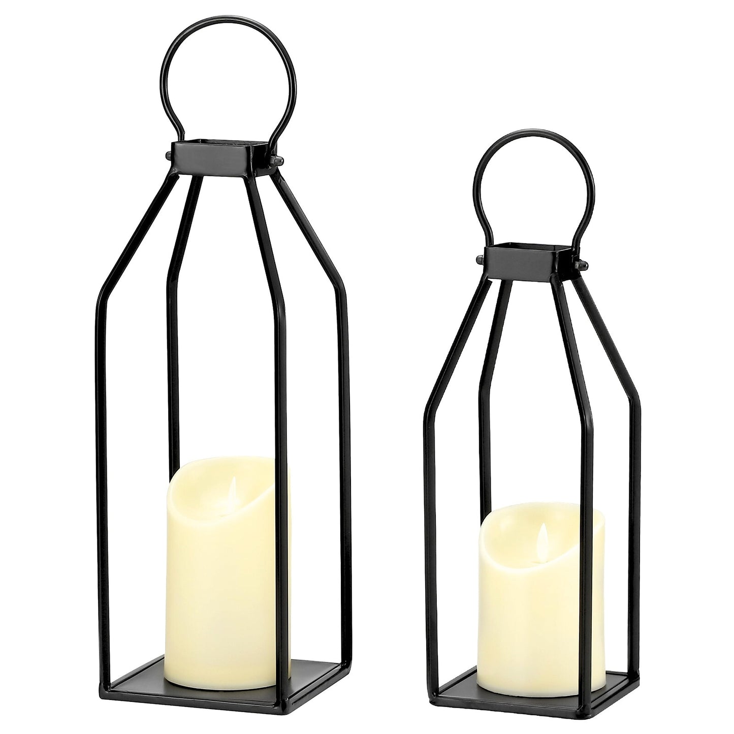 Perfnique Modern Farmhouse Lantern Decor, 15'' 13'' Set of 2 Black Metal Lanterns, 2 LED 6hr Timer Flickering Flameless Candles, Lanterns Decorative for Outdoor Decor, Home, Indoor, Patio