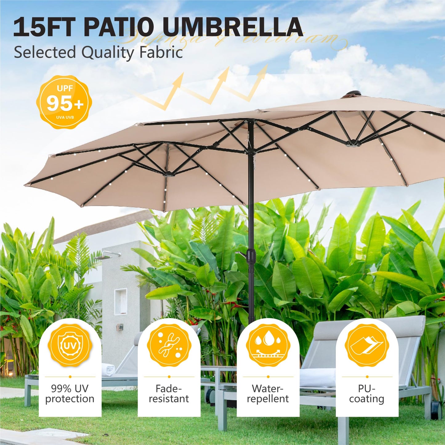 Sophia & William 15 ft Extra Large Patio Umbrella with Solar Lights, Rectangular Outdoor Umbrella with Base Included, Market Umbrella Double-sided Heavy Duty for Pool Garden Backyard, Beige