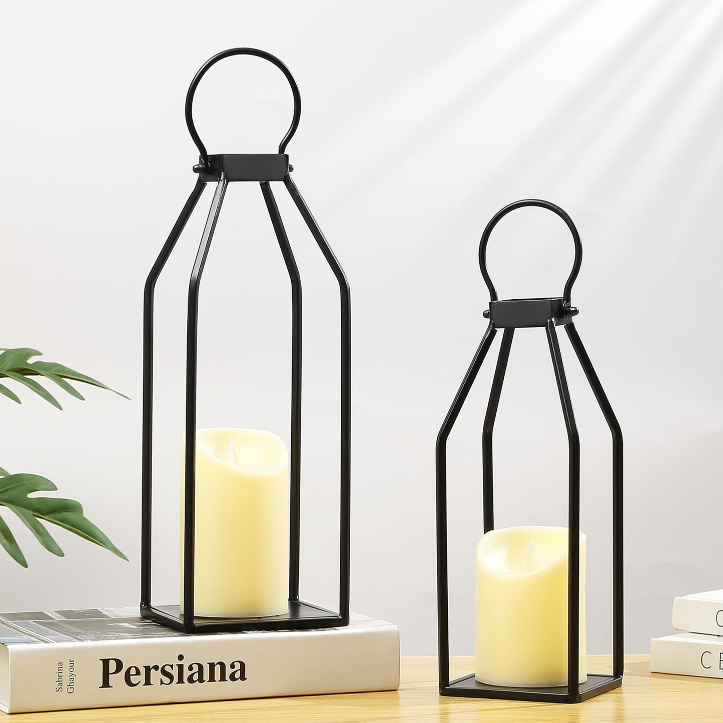 Perfnique Modern Farmhouse Lantern Decor, 15'' 13'' Set of 2 Black Metal Lanterns, 2 LED 6hr Timer Flickering Flameless Candles, Lanterns Decorative for Outdoor Decor, Home, Indoor, Patio